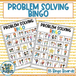 Op de afbeelding: Twee "Problem Solving Bingo" spelborden met kleurrijke illustraties van kinderen en probleemoplossende acties. De borden bevatten zinnen als "om de beurt", "om hulp vragen" en "gevoelens delen". De tekst "35 Bingo Boards" staat onderaan.