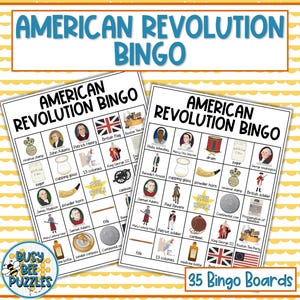 May include: Two bingo cards with an American Revolution theme. The cards feature illustrations of historical figures, objects, and the text "American Revolution Bingo." The top banner reads "American Revolution Bingo." The bottom right corner says "35 Bingo Boards."