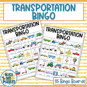 Juego de bingo de transporte y vehículos - 35 cartas únicas - 2 juegos de tarjetas telefónicas diferenciadas - Actividad de vocabulario elemental sin preparación