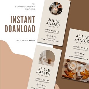 10 visitekaartjes Canva-sjabloon voor vrouwelijke eigenaar/ondernemer met foto- en sociale pictogrammen, volledig bewerkbaar lettertype, kleur en achtergrond