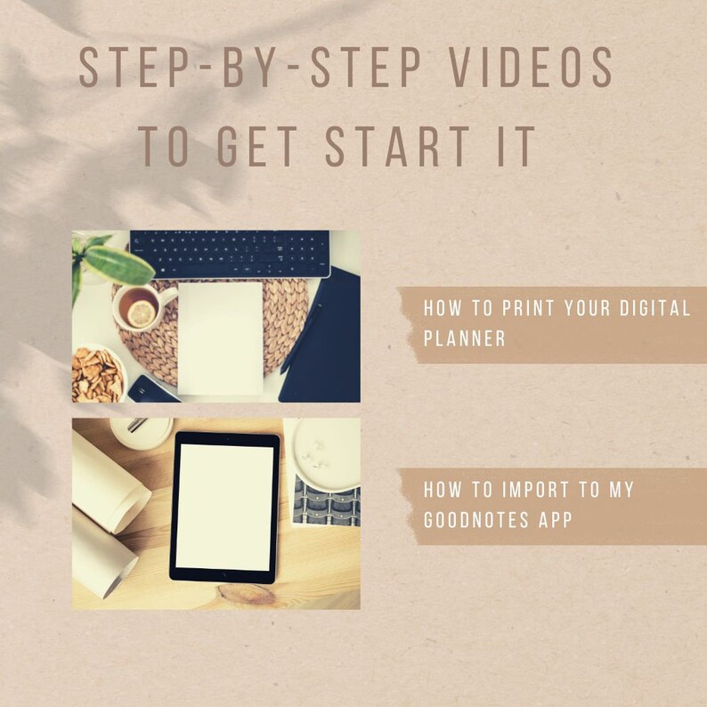 May include: A collage of two images showing a desk with a laptop, a tablet, and other office supplies. The text "HOW TO PRINT YOUR DIGITAL PLANNER" and "HOW TO IMPORT TO MY GOODNOTES APP" is visible on the image.
