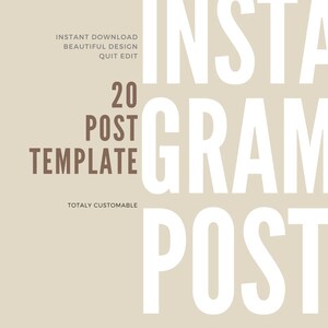 May include: A beige background with white text that reads "20 POST TEMPLATE" in brown text. The text "INSTAGRAM POST" is in large white letters.
