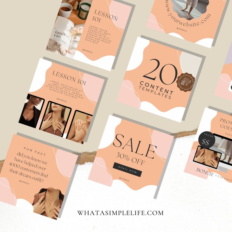 May include: A collection of social media post templates with peach and white backgrounds. The templates feature text overlays such as "Lesson 101", "Sale 30% Off", "20 Content Templates", and "Fun Fact".