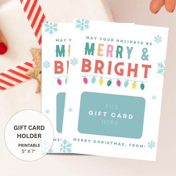 Holiday Gift Card Holder, Printable Merry and Bright Christmas Gift Card Holder, Gift Certificate Card, Teacher Gifts, Xmas Gifts Neighbors