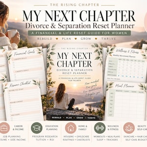Op de afbeelding: Een printbare scheidings- en relatiebreukplanner getiteld My Next Chapter, met 63 pagina's inclusief sjablonen voor maandbudget, financiële doelen, carrièreplanning, cv-checklist, welzijn, fitness, maaltijdplanner en huidverzorging.
