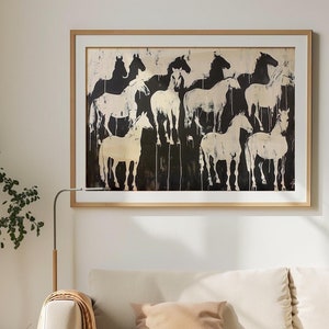 Impressão artística de rebanho de cavalos abstratos Wabisabi, impressão de cavalo neutro Cottagecore, arte de parede abstrata para lareira de cavalo, download digital AH05