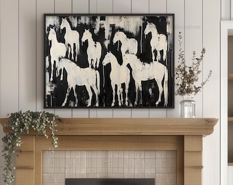 Neutrale kunstprint van een paardenkudde, moderne boerderijdecoratie (digitale download) AH06