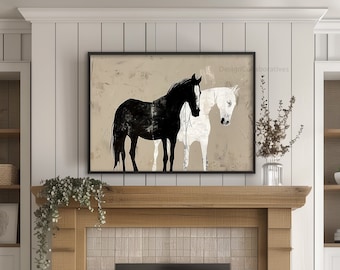 Abstracte paarden moderne afdrukbare, abstracte paard paar figuratief schilderij print, decor van de boerderij, moderne muurkunst, digitale download AH02