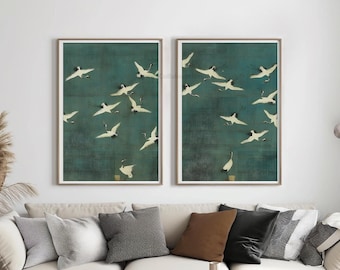 Vliegende kranen muurkunst set van 2 prints, blauwgroen groen rustiek decor posters, oosters smaragdgroen retro vintage muurkunst afdrukbare, CP02
