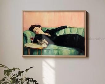 Decadente Cat Lay Wall Art, vrouw en martini print, nostalgische kattenkunst afdrukbare, retro esthetische kattendame schilderij voor kattenliefhebbers, DL13