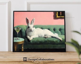 Retro konijn kunst aan de muur, grappig paasdecor, konijn met martinireep print, roze en smaragdgroen dierlijke vintage kunst digitale download DL32