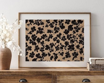 Zwartbeige abstracte bloemmotiefprint, minimalistische botanische Japanse print, neutraal boerderijdecor, Wabisabi-schilderij, digitale download