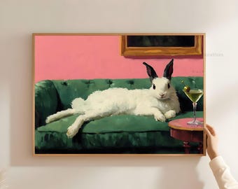 Retro konijn kunst aan de muur, grappig paasdecor, konijn met martinireep print, roze en smaragdgroen dierlijke vintage kunst digitale download DL33