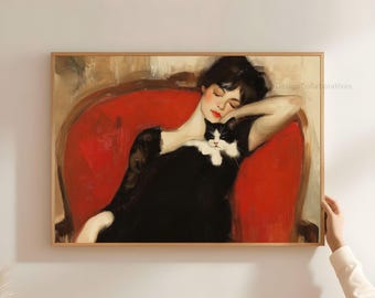 Vintage Bedroom Wall Art, Sleeping Woman Portrait, Black Cat Printable, Moody Red Chair, Woman and Cat Print, Digital Download DL05