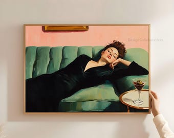 Decadente jonge vrouw kunst aan de muur, meisje en martini print, dame met decor cocktailbar, roze en smaragdgroen analoge kunst digitale download DL17