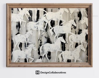 Wabi Sabi abstracte kudde paarden Art Print, abstracte paardenkudde afdrukbare voor paardenliefhebbers, paard dier kunst aan de muur, digitale download AH08