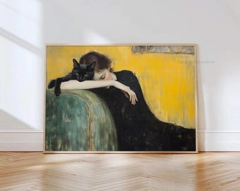 Lady and Cat Vintage Wall Art, Woman in Black Portrait, Black Cat Printable, Moody Decadent Woman and Cat Print, Digital Download DL02