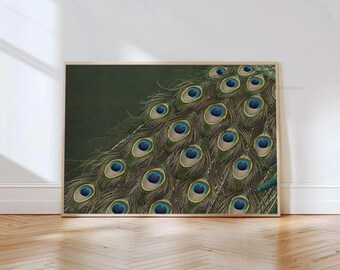 Afdrukbare pauwenstaart schilderij, donkergroene print in Japandi-stijl, elegante Japanse Phoenix Wall Art vintage decor, digitale download PA01