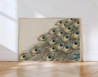 Pauw Japandi-stijl print, groene pauwstaart schilderij afdrukbare schilderij, elegante Feng Shui muurkunst Japanse stijl vintage decor, PA02