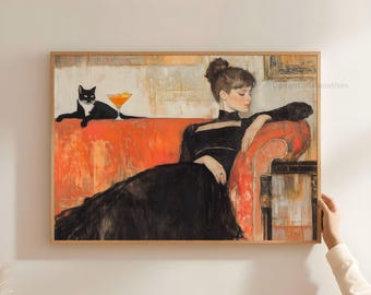Vintage dame en kat muurkunst, vrouw in zwart portret, zwarte kat afdrukbare, artistieke decadente dame en kat print, digitale download DL34