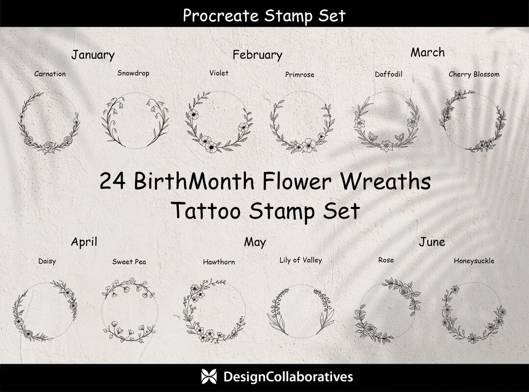 24 Birthmonth Flowers Wreath Tattoo Procreate Stamps Birth Flower ...