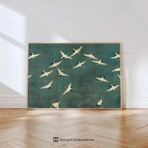 Fliegen Kraniche Wandkunst, Petrol Grün Rustikale Dekor Poster, Orientalische Smaragdgrün Retro Vintage Wand Kunst Zum Ausdrucken,CP03