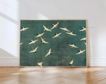 Vliegende kranen afdrukbare muurkunst, blauwgroen groen rustiek decor posters, oosters smaragdgroen retro vintage muur kunst afdrukbare, CP03