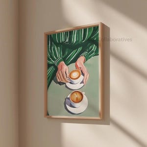 May include: A painting of a person wearing a green and white striped shirt holding two cups of coffee with a green background.