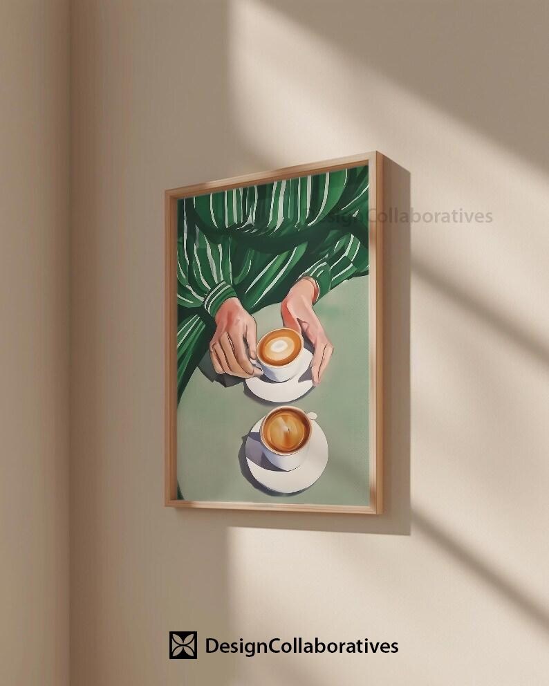 May include: A painting of a person wearing a green and white striped shirt holding two cups of coffee with a green background.