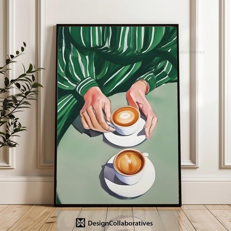 May include: A painting of two cups of coffee with latte art on a green and white striped background. The cups are sitting on white saucers. The hands of a person wearing a green and white striped shirt are visible in the image.