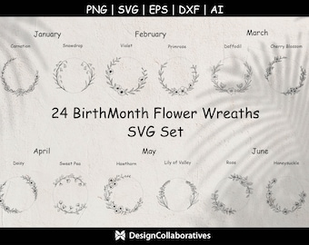 24 BirthMonth Flowers Wreath Svg Bundle | Birth Flower Wreath Svg | Botanical Wreath Svg | T Shirt Design Svg | Svg, Vector, Eps, Dxf, Png