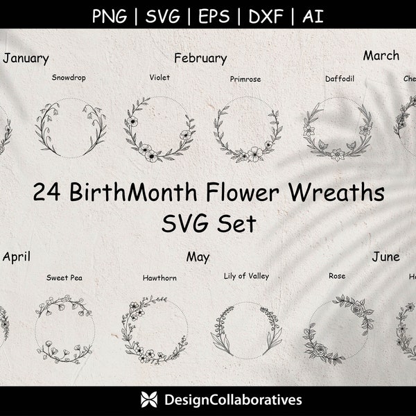 24 BirthMonth Flowers Wreath Svg Bundle | Birth Flower Wreath Svg | Botanical Wreath Svg | T Shirt Design Svg | Svg, Vector, Eps, Dxf, Png