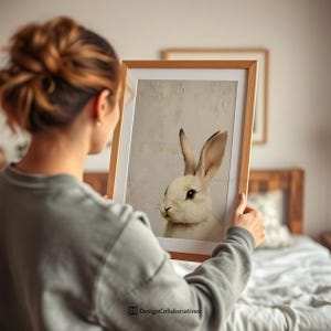 Vintage Rabbit Painting Print, Neutral Spring Easter Bunny Printable Wall Art, Muted Animal Cottagecore Decor, Digital Download BP03
