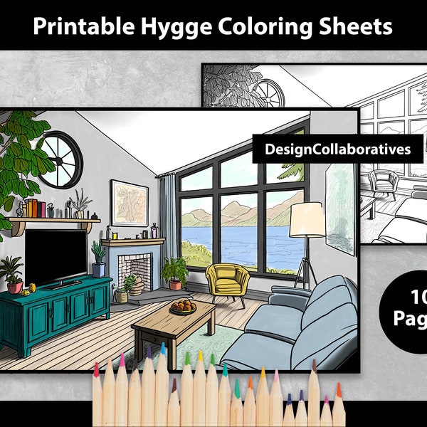 Hygge Home Coloring Pages for Adult | Scandinavian & Nordic Interior Designs | 10 Cozy Home Coloring Sheets | Printable Download