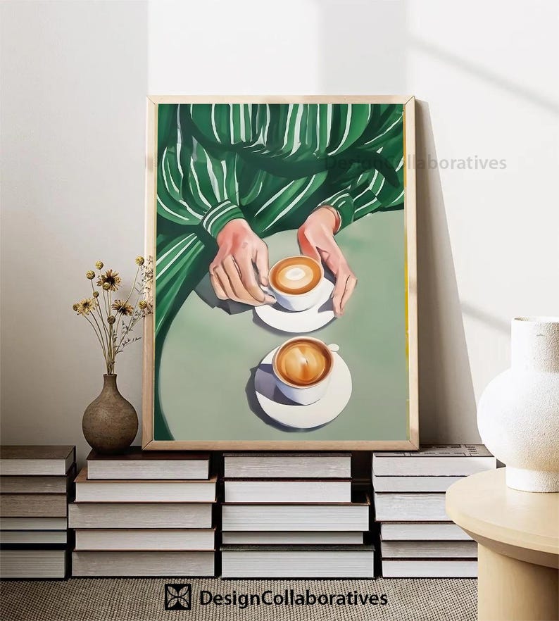 May include: A painting of two cups of coffee with a green striped shirt in the background.
