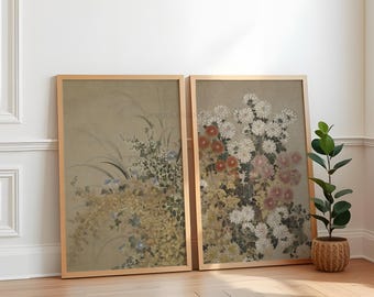 Japanse botanische muurkunst set van 2 prenten, vintage lente bloemsierkunst, Wabisabi decorposters, neutrale antieke muurkunst afdrukbare FA06