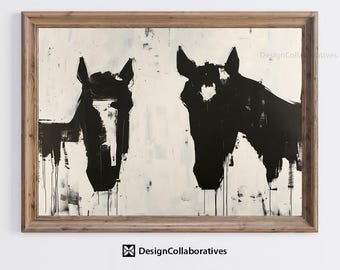 Silly vintage paard paar portret print, abstracte boerderij print, groot formaat western cottage afdrukbare muurkunst, digitale download AH12