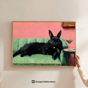 Retro Królik z Martini Wall Art, Zabawny Wielkanocny Wydruk, Dekoracja Dekoracji Baru Króliczek, Różowa i Szmaragdowo Zielona Sztuka Cyfrowe Pobieranie DL25