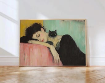 Vintage Woman and Cat Wall Art, Moody Woman in Black Portrait, Cat Printable, Pink and Green Art, Cat Lady Print, Digital Download DL10