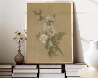 Japanse bloemenschilderijprint, neutrale aquarel botanische print, Wabisabi bloemendecoratie, Japandi vintage lente antieke muurkunst FA05