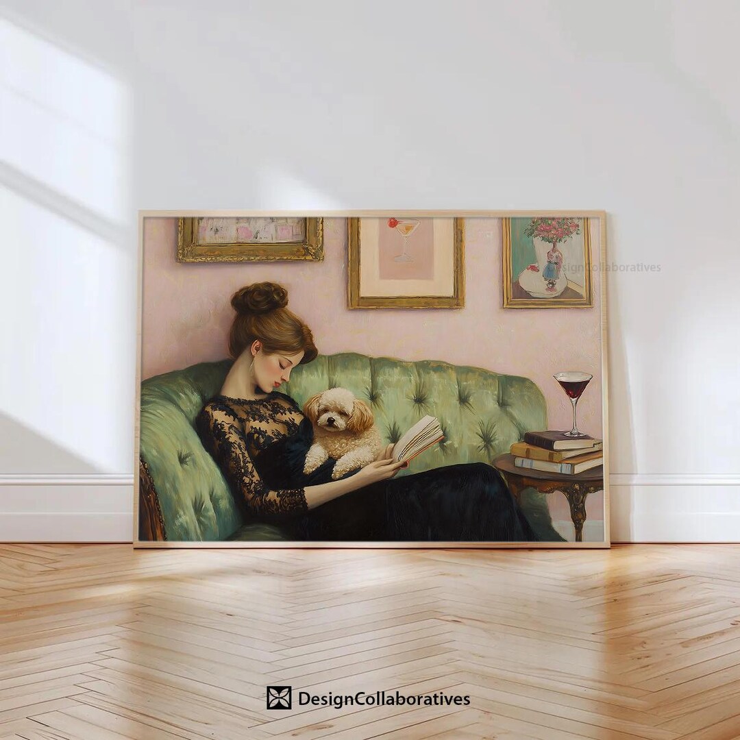 Vintage Lady and Dog With Martini Wall Art, Whimsical Woman Portrait ...