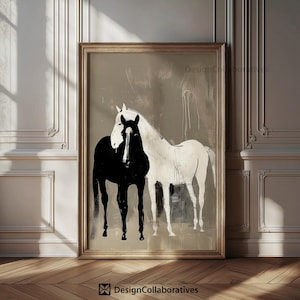 Neutral Horse Couple Portrait Print, Abstract Modern Vintage Two Horses Print, Farmhouse Decor, Vintage Wall Art, Digital Download AH01