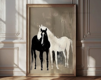 Neutral Horse Couple Portrait Print, Abstract Modern Vintage Two Horses Print, Farmhouse Decor, Vintage Wall Art, Digital Download AH01