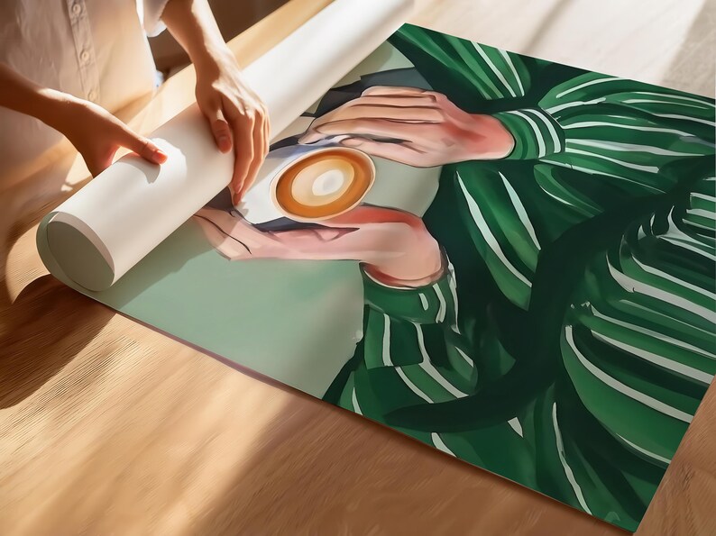May include: A close-up of a person holding a cup of coffee with a green and white striped shirt. The coffee is in a white ceramic cup with a brown rim.