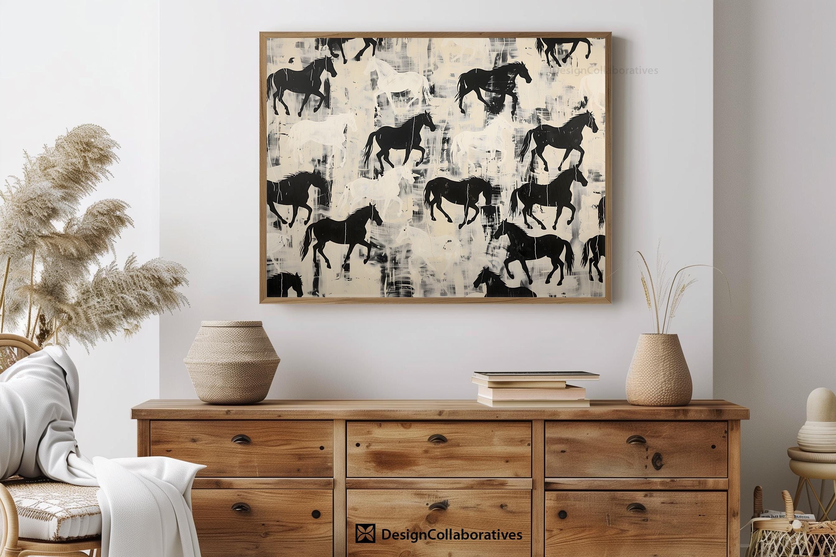 Neutral Abstract Horse Art Print Gift for Cowboy, Modern Farmhouse Abstract Horse Herd Printable, Animal Wall Art Digital Download AH07