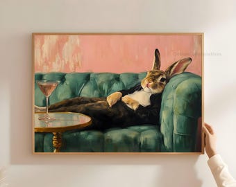 Smoking konijn met martini muurkunst, grappige paasprint, retro Bunny Home Bar afdrukbare, roze en smaragdgroene kunst digitale download DL24