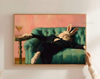 Smokingkonijn met martinikunst, grappige afdrukbare Pasen, retro konijntje cocktail thuisbar decor, roze smaragdgroene kunst digitale download DL21