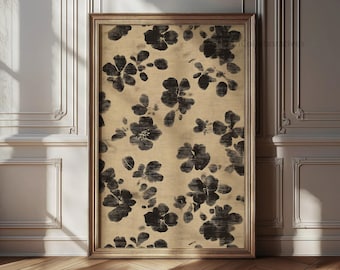 Wabisabi bloemen afdrukbare, zwartbeige abstracte botanische print, neutrale Japanse muurkunst, decor Japandi boerderij, digitale download