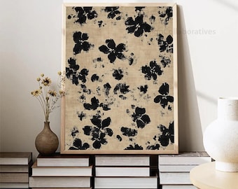 Zwartbeige abstracte bloemmotief print, minimalistische botanische Japanse kunst print, humeurig wabisabi decor, Japandi kunst aan de muur, digitale download