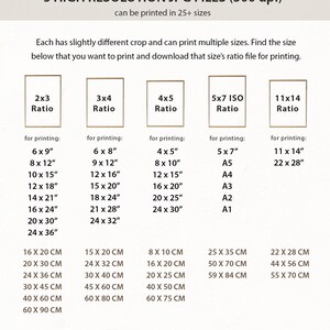 May include: A chart showing five different image ratios for digital downloads. The ratios are 2x3, 3x4, 4x5, 5x7 ISO, and 11x14. Each ratio has a list of corresponding print sizes in inches and centimeters. The text "Your purchase includes 5 HIGH RESOLUTION JPG FILES (300 dpi) can be printed in 25+ sizes" is at the top of the chart. The text "Each has slightly different crop and can print multiple sizes. Find the size below that you want to print and download that size's ratio file for printing." is below the chart.